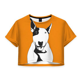 Женская футболка 3D укороченная с принтом Солнечнй бультерьер в Белгороде, 100% полиэстер | круглая горловина, длина футболки до линии талии, рукава с отворотами | Тематика изображения на принте: бультерьер | домашние животные | пес | песик | собака | собачка