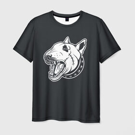 Мужская футболка 3D с принтом Опасный бультерьер в Белгороде, 100% полиэфир | прямой крой, круглый вырез горловины, длина до линии бедер | Тематика изображения на принте: домашние животные | пес | собака