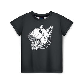 Детская футболка 3D с принтом Опасный бультерьер в Белгороде, 100% гипоаллергенный полиэфир | прямой крой, круглый вырез горловины, длина до линии бедер, чуть спущенное плечо, ткань немного тянется | Тематика изображения на принте: домашние животные | пес | собака