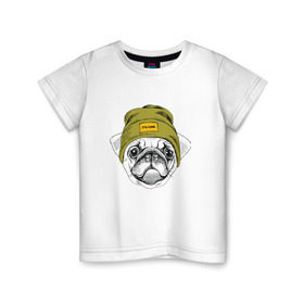 Детская футболка хлопок с принтом Мопсик в шапочке в Белгороде, 100% хлопок | круглый вырез горловины, полуприлегающий силуэт, длина до линии бедер | домашние животные | пес | собака | хипстер
