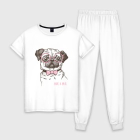 Женская пижама хлопок с принтом Hug a Pug в Белгороде, 100% хлопок | брюки и футболка прямого кроя, без карманов, на брюках мягкая резинка на поясе и по низу штанин | Тематика изображения на принте: домашние животные | мопс | пес | собака