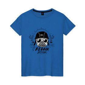 Женская футболка хлопок с принтом Repair garage в Белгороде, 100% хлопок | прямой крой, круглый вырез горловины, длина до линии бедер, слегка спущенное плечо | домашние животные | мопс | пес | песик | собака | собачка