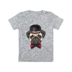 Детская футболка хлопок с принтом Мопсик в цилиндре в Белгороде, 100% хлопок | круглый вырез горловины, полуприлегающий силуэт, длина до линии бедер | домашние животные | мопс | пес | песик | собака | собачка