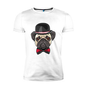 Мужская футболка премиум с принтом Мопсик в цилиндре в Белгороде, 92% хлопок, 8% лайкра | приталенный силуэт, круглый вырез ворота, длина до линии бедра, короткий рукав | домашние животные | мопс | пес | песик | собака | собачка