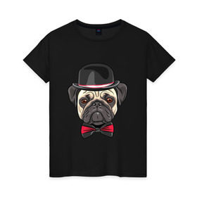 Женская футболка хлопок с принтом Мопсик в цилиндре в Белгороде, 100% хлопок | прямой крой, круглый вырез горловины, длина до линии бедер, слегка спущенное плечо | домашние животные | мопс | пес | песик | собака | собачка