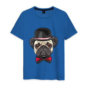 Мужская футболка хлопок с принтом Мопсик в цилиндре в Белгороде, 100% хлопок | прямой крой, круглый вырез горловины, длина до линии бедер, слегка спущенное плечо. | домашние животные | мопс | пес | песик | собака | собачка