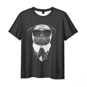 Мужская футболка 3D с принтом Мопс в черном в Белгороде, 100% полиэфир | прямой крой, круглый вырез горловины, длина до линии бедер | домашние животные | мопс | пес | песик | собака | собачка
