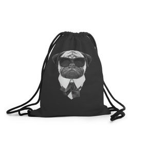 Рюкзак-мешок 3D с принтом Мопс в черном в Белгороде, 100% полиэстер | плотность ткани — 200 г/м2, размер — 35 х 45 см; лямки — толстые шнурки, застежка на шнуровке, без карманов и подкладки | домашние животные | мопс | пес | песик | собака | собачка