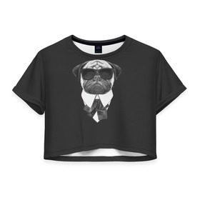 Женская футболка 3D укороченная с принтом Мопс в черном в Белгороде, 100% полиэстер | круглая горловина, длина футболки до линии талии, рукава с отворотами | домашние животные | мопс | пес | песик | собака | собачка