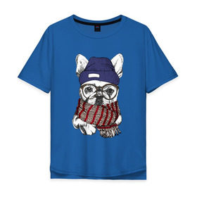 Мужская футболка хлопок Oversize с принтом Бултдог в шарфике в Белгороде, 100% хлопок | свободный крой, круглый ворот, “спинка” длиннее передней части | бульдог | домашние животные | пес | песик | собака | собачка | французский бульдог