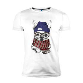 Мужская футболка премиум с принтом Бултдог в шарфике в Белгороде, 92% хлопок, 8% лайкра | приталенный силуэт, круглый вырез ворота, длина до линии бедра, короткий рукав | бульдог | домашние животные | пес | песик | собака | собачка | французский бульдог