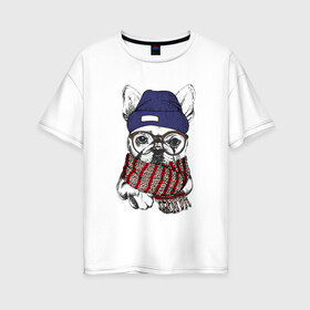 Женская футболка хлопок Oversize с принтом Бултдог в шарфике в Белгороде, 100% хлопок | свободный крой, круглый ворот, спущенный рукав, длина до линии бедер
 | бульдог | домашние животные | пес | песик | собака | собачка | французский бульдог