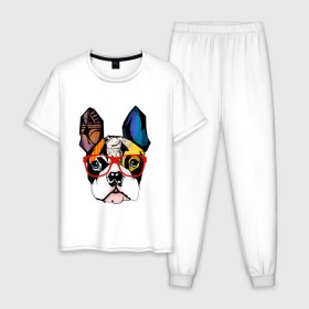 Мужская пижама хлопок с принтом Лоскутный бульдог в Белгороде, 100% хлопок | брюки и футболка прямого кроя, без карманов, на брюках мягкая резинка на поясе и по низу штанин
 | бульдог | домашние животные | пес | песик | собака | собачка | французский бульдог