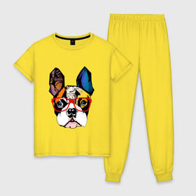 Женская пижама хлопок с принтом Лоскутный бульдог в Белгороде, 100% хлопок | брюки и футболка прямого кроя, без карманов, на брюках мягкая резинка на поясе и по низу штанин | бульдог | домашние животные | пес | песик | собака | собачка | французский бульдог