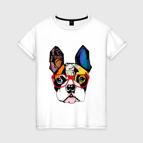 Женская футболка хлопок с принтом Лоскутный мопс в Белгороде, 100% хлопок | прямой крой, круглый вырез горловины, длина до линии бедер, слегка спущенное плечо | бульдог | домашние животные | пес | песик | собака | собачка | французский бульдог