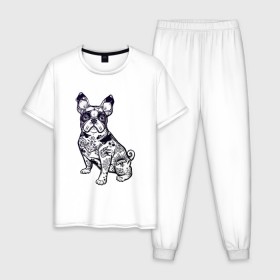 Мужская пижама хлопок с принтом Суровый бульдог в Белгороде, 100% хлопок | брюки и футболка прямого кроя, без карманов, на брюках мягкая резинка на поясе и по низу штанин
 | бульдог | домашние животные | пес | песик | собака | собачка | французский бульдог