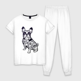 Женская пижама хлопок с принтом Суровый бульдог в Белгороде, 100% хлопок | брюки и футболка прямого кроя, без карманов, на брюках мягкая резинка на поясе и по низу штанин | бульдог | домашние животные | пес | песик | собака | собачка | французский бульдог