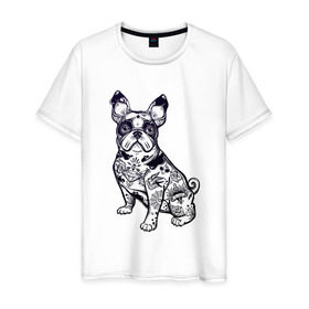 Мужская футболка хлопок с принтом Суровый бульдог в Белгороде, 100% хлопок | прямой крой, круглый вырез горловины, длина до линии бедер, слегка спущенное плечо. | бульдог | домашние животные | пес | песик | собака | собачка | французский бульдог