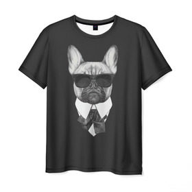 Мужская футболка 3D с принтом Бульдог в черном в Белгороде, 100% полиэфир | прямой крой, круглый вырез горловины, длина до линии бедер | бульдог | домашние животные | пес | песик | собака | собачка | французский бульдог