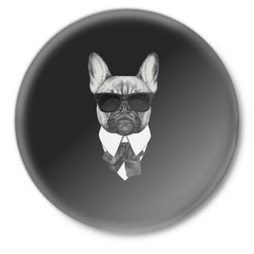 Значок с принтом Бульдог в черном в Белгороде,  металл | круглая форма, металлическая застежка в виде булавки | бульдог | домашние животные | пес | песик | собака | собачка | французский бульдог
