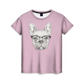 Женская футболка 3D с принтом Бульдог в очках в Белгороде, 100% полиэфир ( синтетическое хлопкоподобное полотно) | прямой крой, круглый вырез горловины, длина до линии бедер | бульдог | домашние животные | пес | песик | собака | собачка | французский бульдог