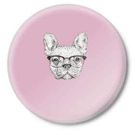 Значок с принтом Бульдог в очках в Белгороде,  металл | круглая форма, металлическая застежка в виде булавки | бульдог | домашние животные | пес | песик | собака | собачка | французский бульдог