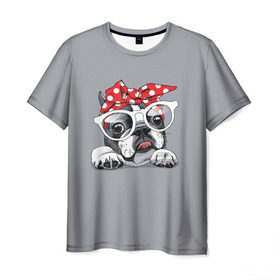 Мужская футболка 3D с принтом Бульдог в очках_2 в Белгороде, 100% полиэфир | прямой крой, круглый вырез горловины, длина до линии бедер | Тематика изображения на принте: бульдог | домашние животные | пес | песик | собака | собачка | французский бульдог