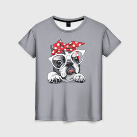 Женская футболка 3D с принтом Бульдог в очках_2 в Белгороде, 100% полиэфир ( синтетическое хлопкоподобное полотно) | прямой крой, круглый вырез горловины, длина до линии бедер | бульдог | домашние животные | пес | песик | собака | собачка | французский бульдог