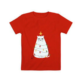 Детская футболка хлопок с принтом Кот ёлка в Белгороде, 100% хлопок | круглый вырез горловины, полуприлегающий силуэт, длина до линии бедер | Тематика изображения на принте: 