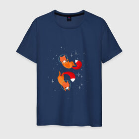 Мужская футболка хлопок с принтом Лисы в космосе в Белгороде, 100% хлопок | прямой крой, круглый вырез горловины, длина до линии бедер, слегка спущенное плечо. | космос | лиса | новый год