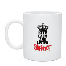 Кружка с принтом Keep calm and listen Slipknot в Белгороде, керамика | объем — 330 мл, диаметр — 80 мм. Принт наносится на бока кружки, можно сделать два разных изображения | slipknot | альтернативный | грув | кори тейлор | крис фен | метал | музыка | ню | рок | слайпкнот | слипкнот | слипнот