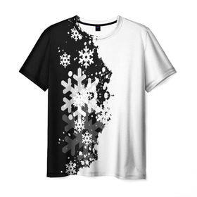 Мужская футболка 3D с принтом Снежные узоры в Белгороде, 100% полиэфир | прямой крой, круглый вырез горловины, длина до линии бедер | black | christmas | new year | pattern | white | абстракция | зима | новый год | рождество | снег | снежинки | узор | черно белые
