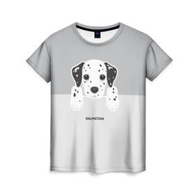 Женская футболка 3D с принтом Dalmatian Puppy в Белгороде, 100% полиэфир ( синтетическое хлопкоподобное полотно) | прямой крой, круглый вырез горловины, длина до линии бедер | далматин | далматинец | домашние животные | пес | песик | собака | собачка | терьер | шпиц