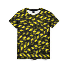 Женская футболка 3D с принтом Черно-желтая лента в Белгороде, 100% полиэфир ( синтетическое хлопкоподобное полотно) | прямой крой, круглый вырез горловины, длина до линии бедер | danger | желтый | знак | ограждение | опастость | паттрен | скотч | черный