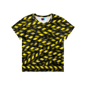 Детская футболка 3D с принтом Черно-желтая лента в Белгороде, 100% гипоаллергенный полиэфир | прямой крой, круглый вырез горловины, длина до линии бедер, чуть спущенное плечо, ткань немного тянется | danger | желтый | знак | ограждение | опастость | паттрен | скотч | черный