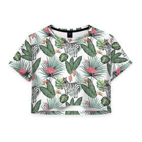 Женская футболка 3D укороченная с принтом Саванна в Белгороде, 100% полиэстер | круглая горловина, длина футболки до линии талии, рукава с отворотами | африка | белый | зверь | зебра | растения | розовый | фламинго