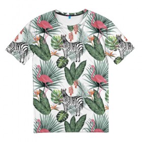 Мужская футболка 3D с принтом Саванна в Белгороде, 100% полиэфир | прямой крой, круглый вырез горловины, длина до линии бедер | Тематика изображения на принте: африка | белый | зверь | зебра | растения | розовый | фламинго