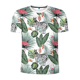 Мужская футболка 3D спортивная с принтом Саванна в Белгороде, 100% полиэстер с улучшенными характеристиками | приталенный силуэт, круглая горловина, широкие плечи, сужается к линии бедра | Тематика изображения на принте: африка | белый | зверь | зебра | растения | розовый | фламинго