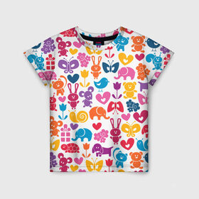 Детская футболка 3D с принтом Веселый зоопарк в Белгороде, 100% гипоаллергенный полиэфир | прямой крой, круглый вырез горловины, длина до линии бедер, чуть спущенное плечо, ткань немного тянется | бабочка | заяц | кролик | слон | цветы | черепаxа