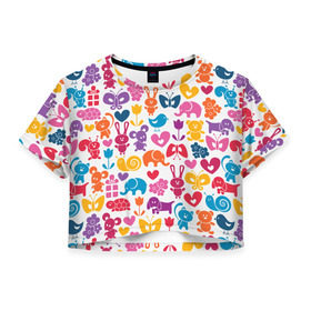 Женская футболка 3D укороченная с принтом Веселый зоопарк в Белгороде, 100% полиэстер | круглая горловина, длина футболки до линии талии, рукава с отворотами | бабочка | заяц | кролик | слон | цветы | черепаxа