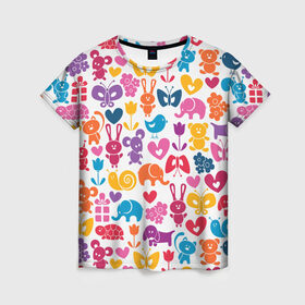 Женская футболка 3D с принтом Веселый зоопарк в Белгороде, 100% полиэфир ( синтетическое хлопкоподобное полотно) | прямой крой, круглый вырез горловины, длина до линии бедер | бабочка | заяц | кролик | слон | цветы | черепаxа
