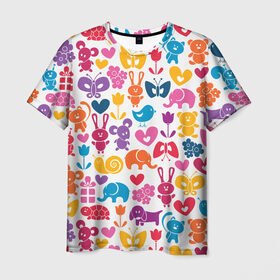 Мужская футболка 3D с принтом Веселый зоопарк в Белгороде, 100% полиэфир | прямой крой, круглый вырез горловины, длина до линии бедер | бабочка | заяц | кролик | слон | цветы | черепаxа