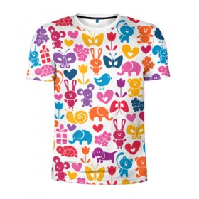 Мужская футболка 3D спортивная с принтом Веселый зоопарк в Белгороде, 100% полиэстер с улучшенными характеристиками | приталенный силуэт, круглая горловина, широкие плечи, сужается к линии бедра | бабочка | заяц | кролик | слон | цветы | черепаxа