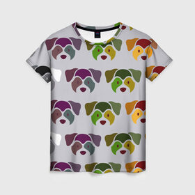 Женская футболка 3D с принтом Цветные песики в Белгороде, 100% полиэфир ( синтетическое хлопкоподобное полотно) | прямой крой, круглый вырез горловины, длина до линии бедер | голова | лицо | пес | собака | щенок | яркие