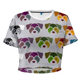 Женская футболка 3D укороченная с принтом Цветные песики в Белгороде, 100% полиэстер | круглая горловина, длина футболки до линии талии, рукава с отворотами | голова | лицо | пес | собака | щенок | яркие