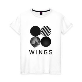 Женская футболка хлопок с принтом BTS wings в Белгороде, 100% хлопок | прямой крой, круглый вырез горловины, длина до линии бедер, слегка спущенное плечо | Тематика изображения на принте: bangtan boys | bts | bts army | бантаны бтс