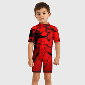 Детский купальный костюм 3D с принтом Carbon abstraction RED в Белгороде, Полиэстер 85%, Спандекс 15% | застежка на молнии на спине | abstraction | geometry | абстракция | геометрия | грань | краски | кубик | кубики | линии | мозаика | разноцветные | ребро | текстура | тени | узор