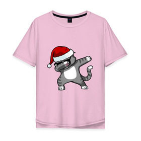 Мужская футболка хлопок Oversize с принтом DAB Cat Santa в Белгороде, 100% хлопок | свободный крой, круглый ворот, “спинка” длиннее передней части | Тематика изображения на принте: даб | кот | новогодний | рождество | шапка