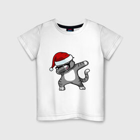 Детская футболка хлопок с принтом DAB Cat Santa в Белгороде, 100% хлопок | круглый вырез горловины, полуприлегающий силуэт, длина до линии бедер | даб | кот | новогодний | рождество | шапка