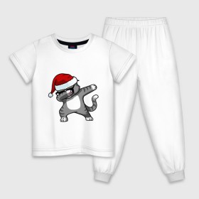 Детская пижама хлопок с принтом DAB Cat Santa в Белгороде, 100% хлопок |  брюки и футболка прямого кроя, без карманов, на брюках мягкая резинка на поясе и по низу штанин
 | даб | кот | новогодний | рождество | шапка